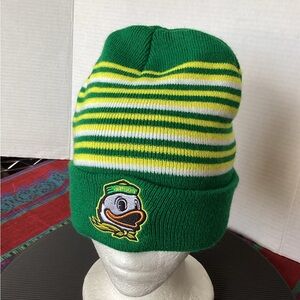 Green and Yellow Striped Beanie Hat